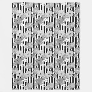 Floral pattern black and white retro striped fleece blanket