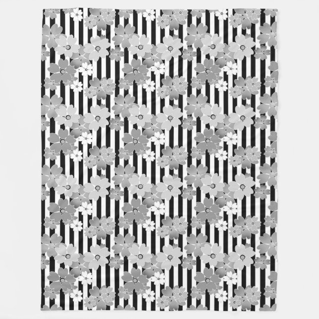 Floral pattern black and white retro striped fleece blanket (Front)