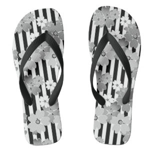 Floral pattern black and white retro striped jandals