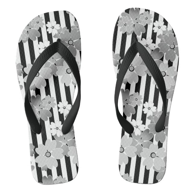 Floral pattern black and white retro striped jandals (Footbed)