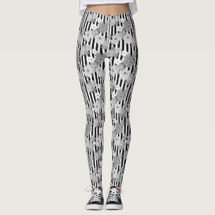 Floral pattern black and white retro striped leggings