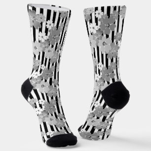 Floral pattern black and white retro striped socks