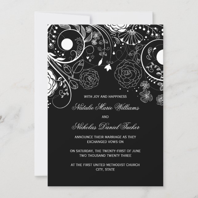 Floral Pattern Black/White - Wedding Announcement (Front)