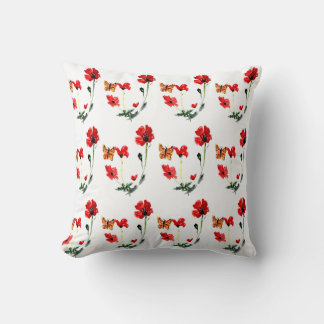 Floral Pattern Butterfly Red Poppy Cushion