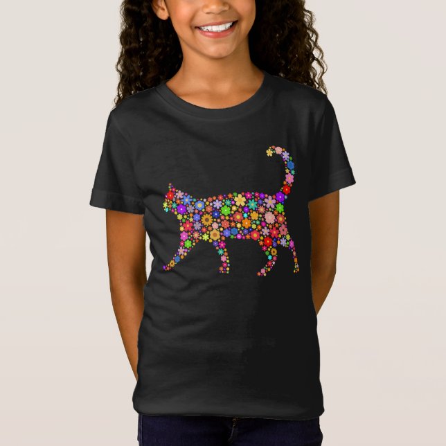 Floral Pattern Cat Design T-Shirt (Front)