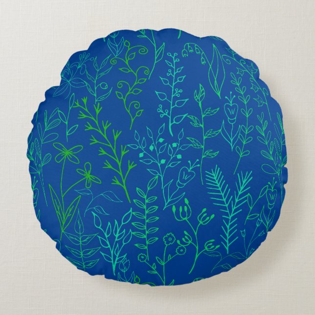 Floral Pattern classic Green tone A02.b Blue Round Cushion (Front)