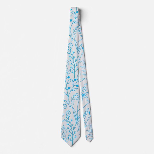 Floral Pattern classic mono tone Blue.A07 OfWhite  Tie (Front)