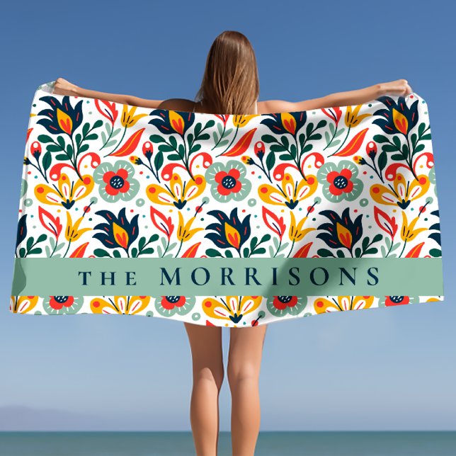 Floral Pattern Custom Personalised Last Name Beach Towel (Floral Pattern Custom Personalized Last Name Beach Towel)