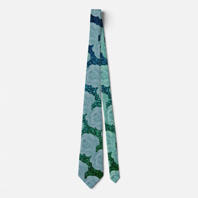 Floral Pattern Dusty Blue Green Glitter Gift Favor Tie (Front)