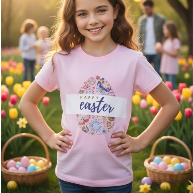 Floral Pattern Egg Happy Easter Girls T-Shirt (Creator Uploaded)