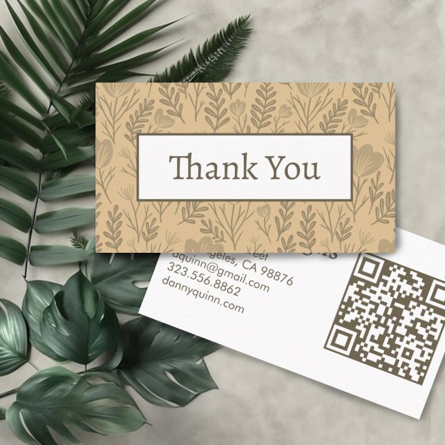Floral Pattern Elegant Botanical Order Thank You Business Card (Neutral tan colored floral pattern on this custom thank you business card with QR code)