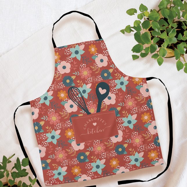Floral Pattern Faux Stitched Pocket Spoon & Whisk Apron (Floral Pattern Faux Stitched Pocket Spoon & Whisk Apron)