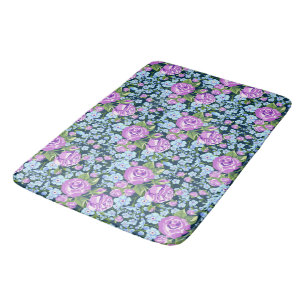 Floral Pattern Flowers in Full Bloom Blue Purple Bath Mat