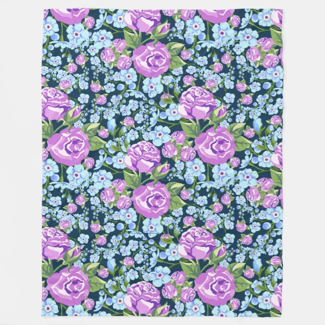 Floral Pattern Flowers in Full Bloom Blue Purple   Fleece Blanket (Front)