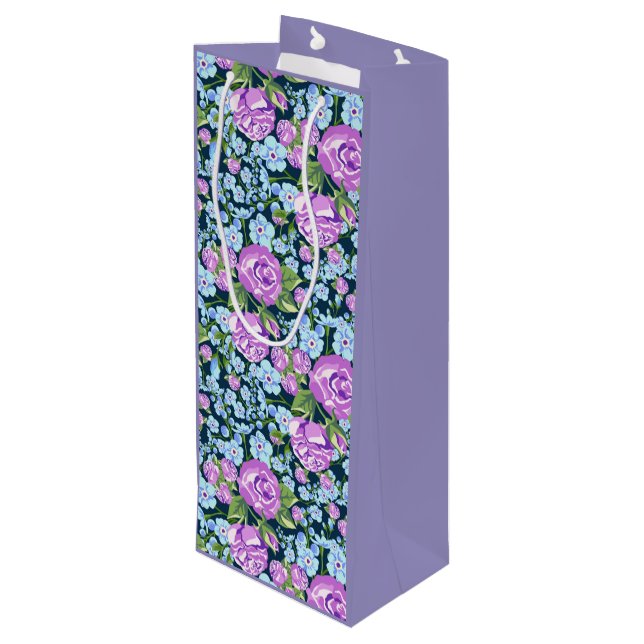 Floral Pattern Flowers in Full Bloom Blue Purple   Wine Gift Bag (Back Angled)