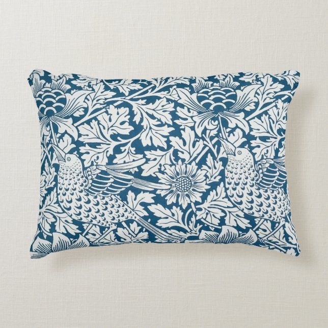 Floral Pattern Flowers Leaves Birds Blue Decorative Cushion (Front)