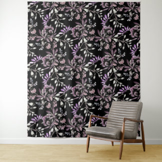 Floral Pattern Flowers Purple Black Background Tapestry
