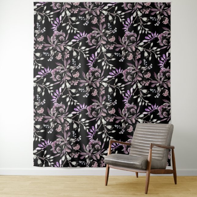Floral Pattern Flowers Purple Black Background  Tapestry (In Situ)