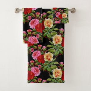 Floral Pattern Flowers Roses Red Pink Yellow Green Bath Towel Set