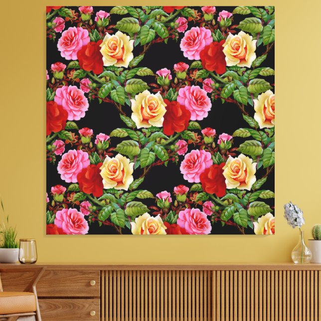 Floral Pattern Flowers Roses Red Pink Yellow Green Canvas Print (Insitu(LivingRoom))