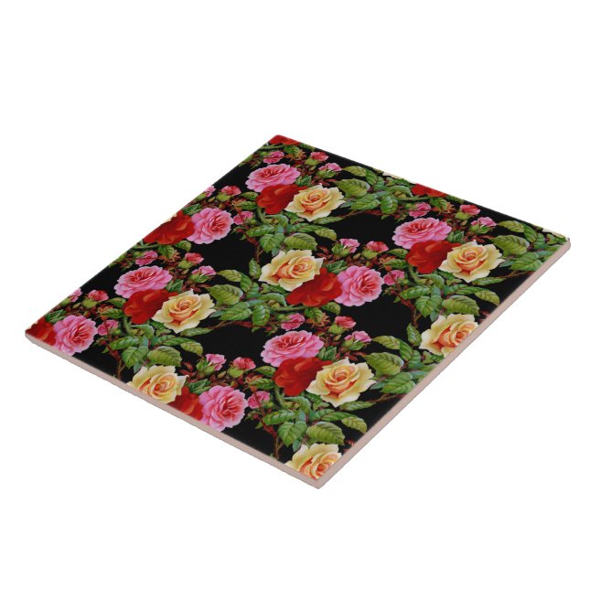 Floral Pattern Flowers Roses Red Pink Yellow Green Tile (Side)