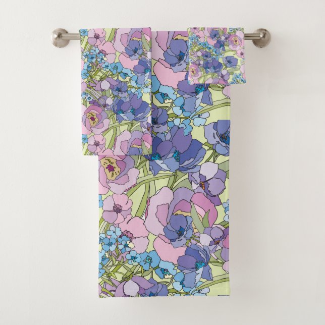 Floral Pattern Foliage Flowers Roses Forget-me-not Bath Towel Set (Insitu)