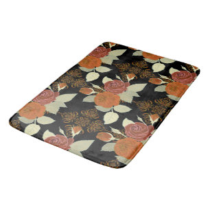 Floral Pattern Foliage Roses on Black Background   Bath Mat