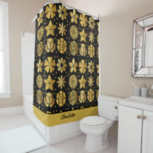 Floral pattern gold doodle rose personalised name  shower curtain