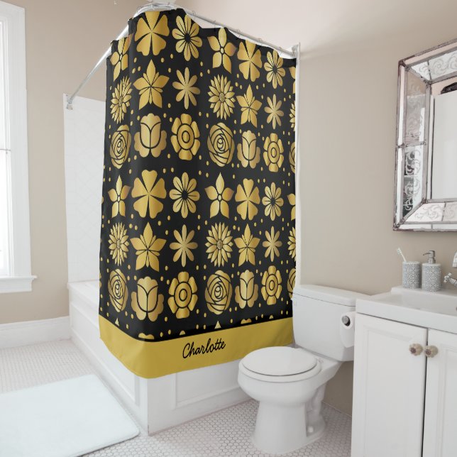 Floral pattern gold doodle rose personalised name  shower curtain (In Situ)