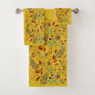 Floral Pattern Golden Elegance with Modest Flowers Bath Towel Set