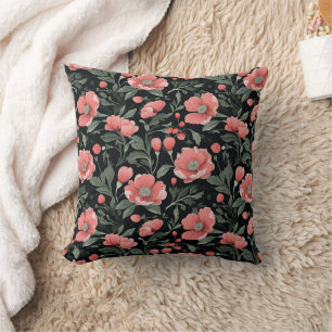 Floral Pattern Green Oak Leaves and Pink Flowers Cushion
