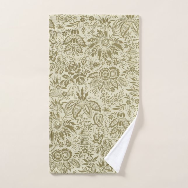 Floral Pattern Green Sage Antique Damask Hand Towel (Hand Towel)