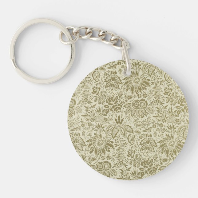 Floral Pattern Green Sage Antique Damask Key Ring (Front)