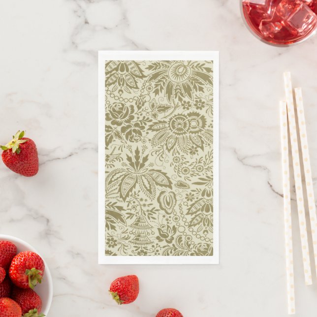 Floral Pattern Green Sage Antique Damask Napkin (Insitu)