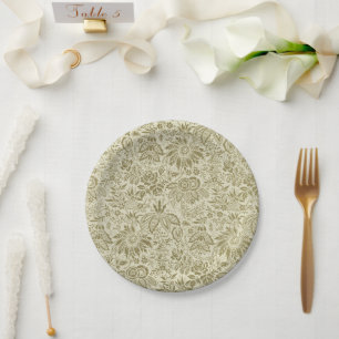 Floral Pattern Green Sage Antique Damask Paper Plate