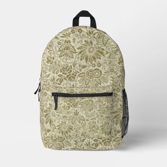 Floral Pattern Green Sage Antique Damask Printed Backpack (Front)