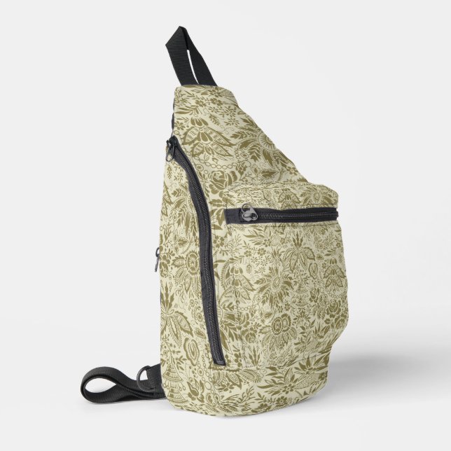 Floral Pattern Green Sage Antique Damask Sling Bag (Left Corner)