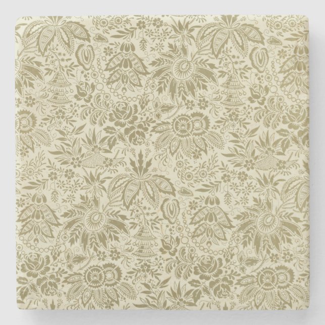 Floral Pattern Green Sage Antique Damask Stone Coaster (Front)