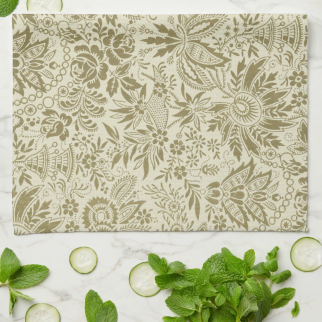 Floral Pattern Green Sage Antique Damask Tea Towel (Folded)
