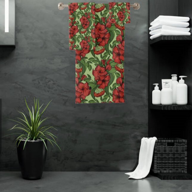 Floral Pattern Greenery Red Flowers in Full Bloom  Bath Towel Set (Creator Uploaded)