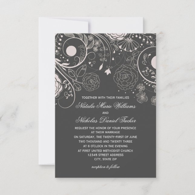 Floral Pattern Grey/White - 3x5 Wedding Invitation (Front)