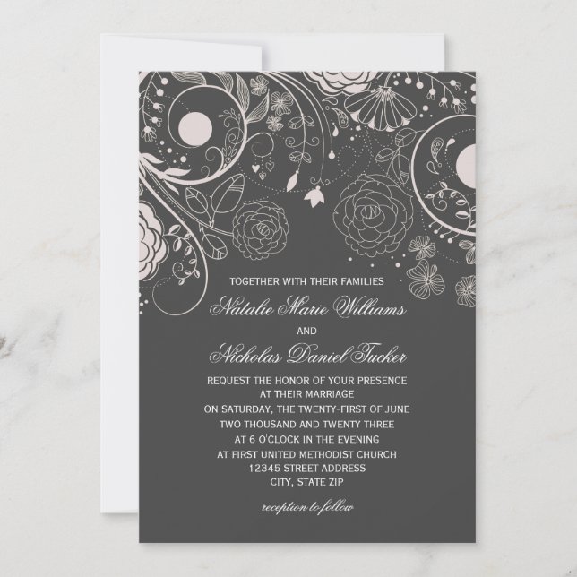 Floral Pattern Grey/White - Wedding Invitation (Front)