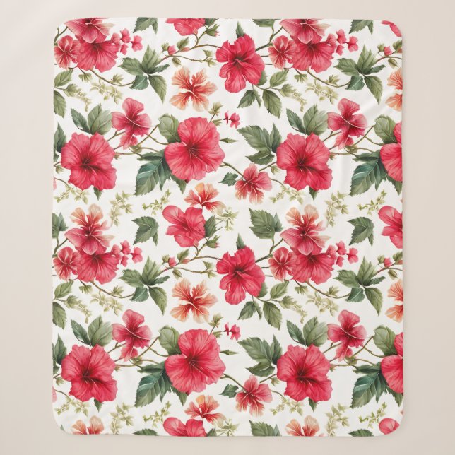 Floral Pattern Hibiscus Flowers Sherpa Blanket (Front)