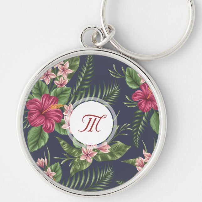 Floral Pattern Hibiscus Monogram Round Keychain (Front)