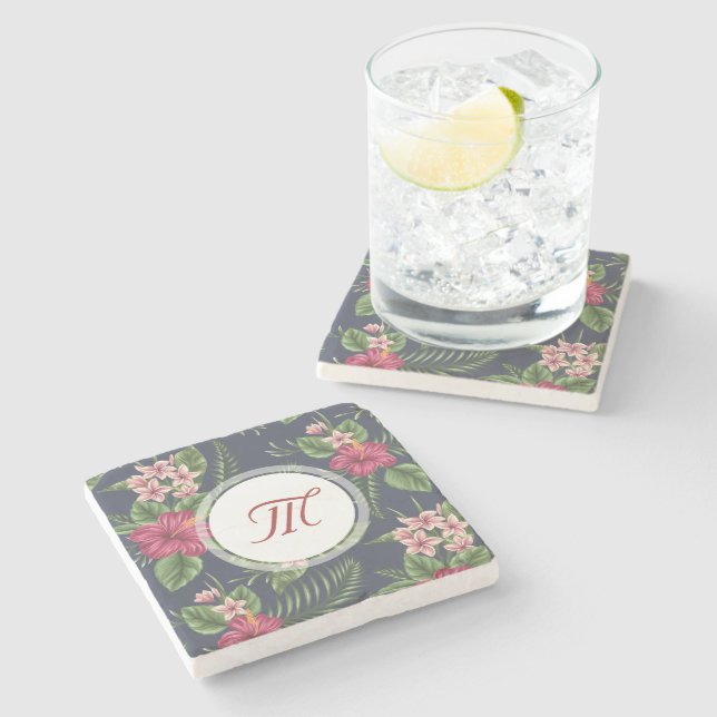 Floral Pattern Hibiscus Monogram Stone Coaster (Side)