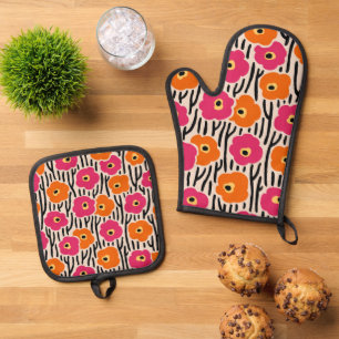 Floral Pattern Hot Pink and Orange Oven Mitt & Pot Holder Set