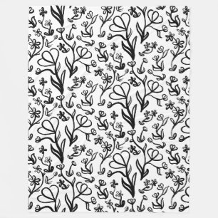 Floral Pattern in Black and White Fleece Blanket