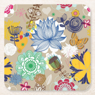Floral pattern in retro style 3 square paper coaster