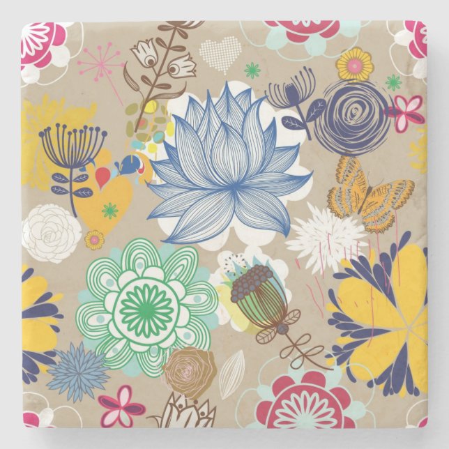 Floral pattern in retro style 3 stone coaster (Front)