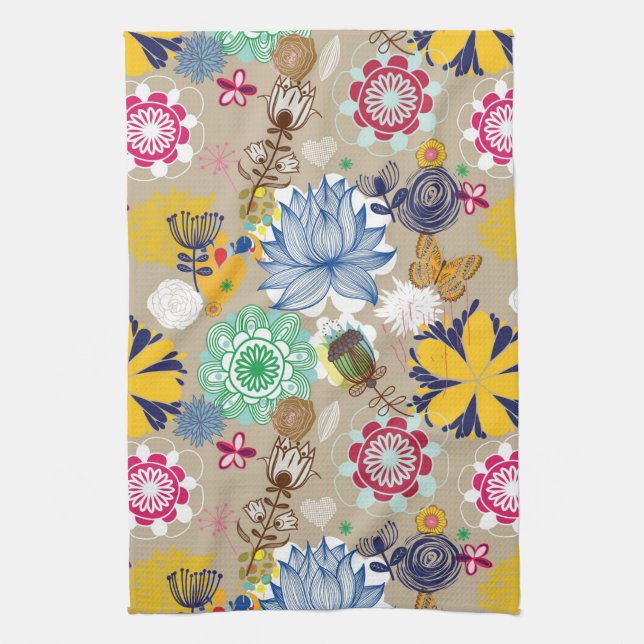 Floral pattern in retro style 3 tea towel (Vertical)